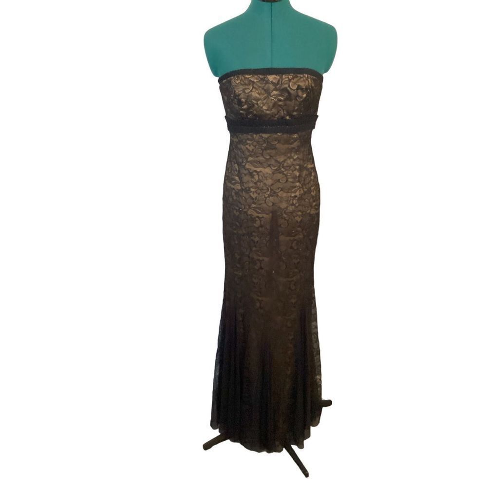 Vintage Badgley Mishka Formal Dress Strapless Gown Black Lace Pleated Size 8